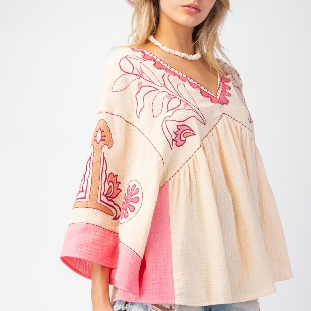 EASEL Embroidery Detailing Cotton Gauze Baby Doll Woven Top - Peach Pink